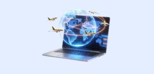Travel agent using a laptop with global map and airplanes showing international travel planning.