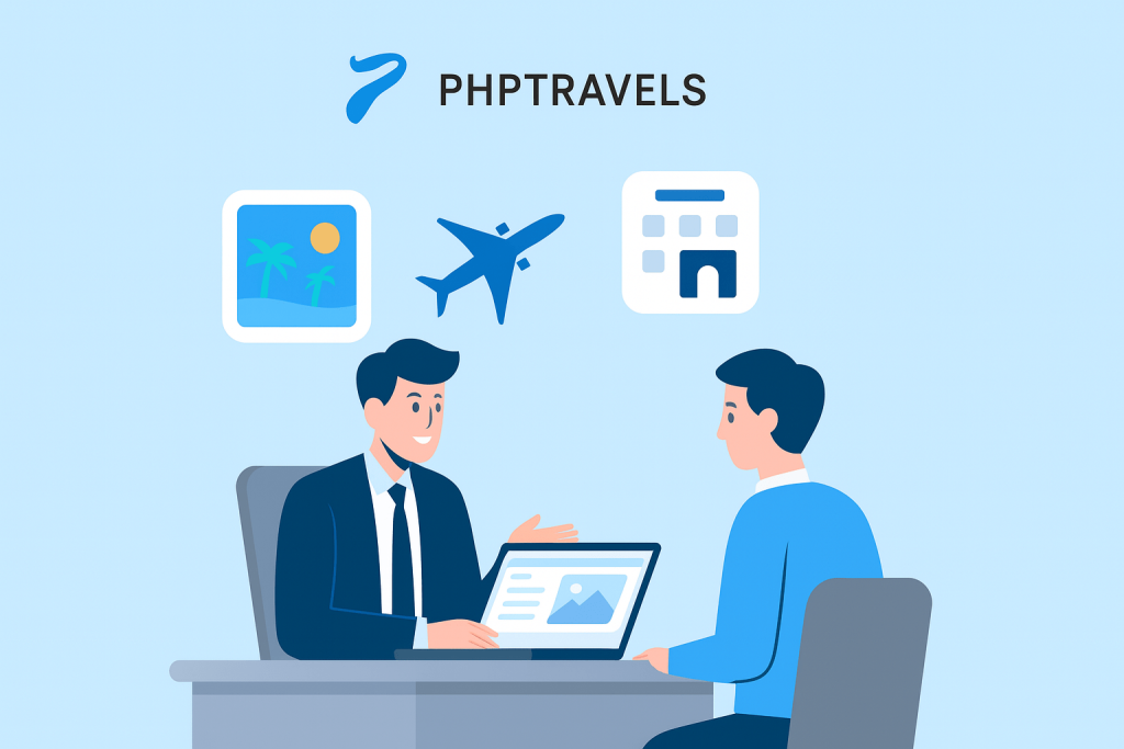 Business travel agent showing itinerary to corporate clients with travel dashboard