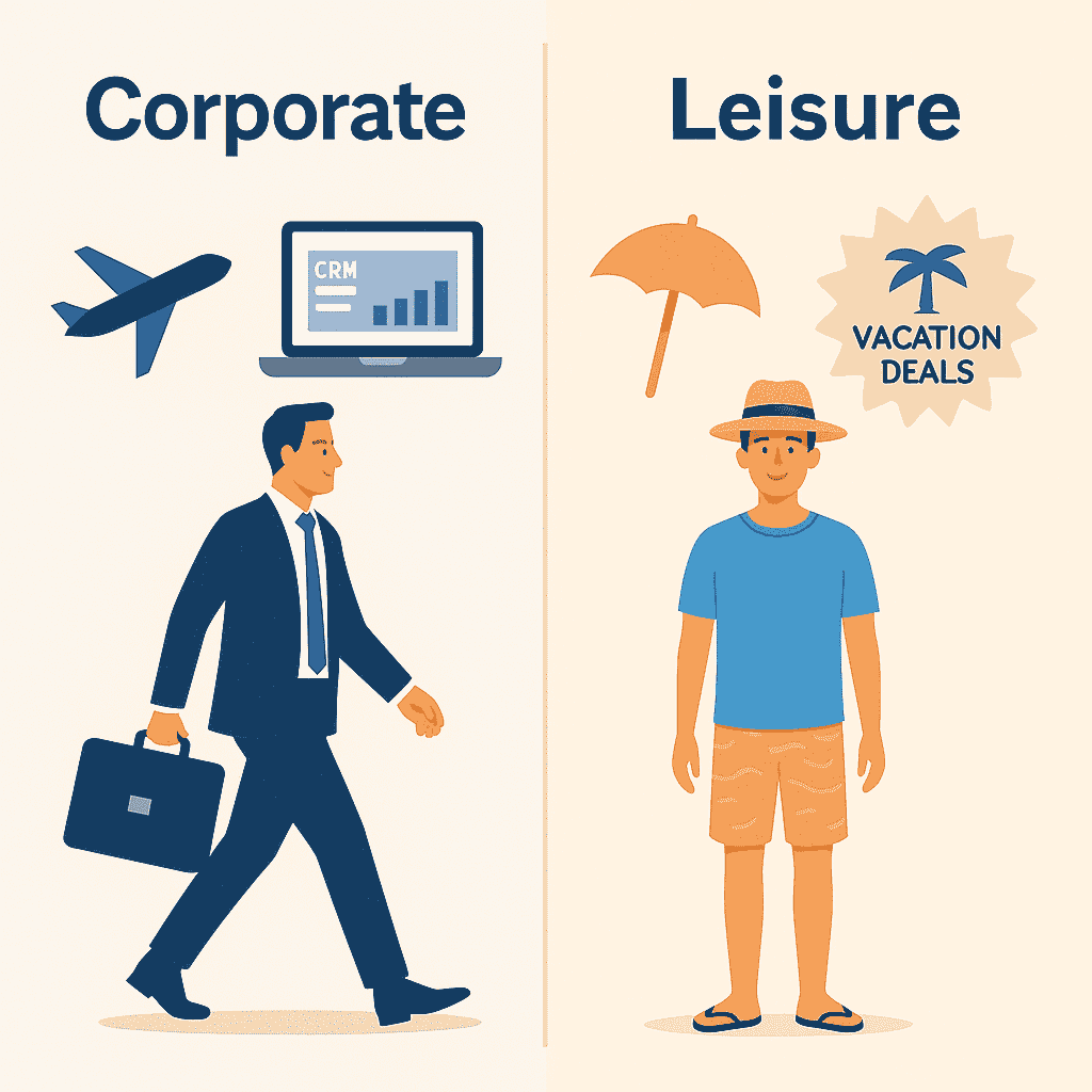 Corporate vs leisure travel needs compared visually

