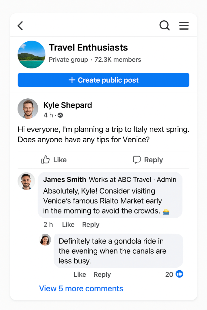 Travel agent posting useful content in a Facebook group for travelers