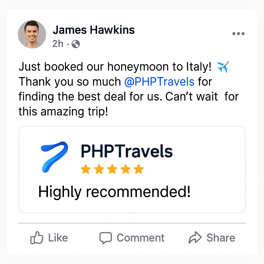Client travel photo tagging a travel agency on Facebook with a positive testimonial