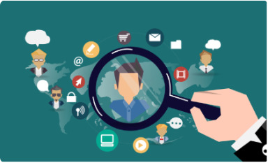 Magnifying glass highlighting a target customer with digital marketing icons