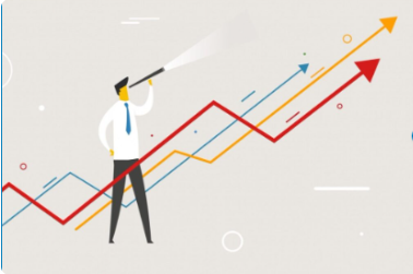 Businessman looking through telescope at rising growth chart