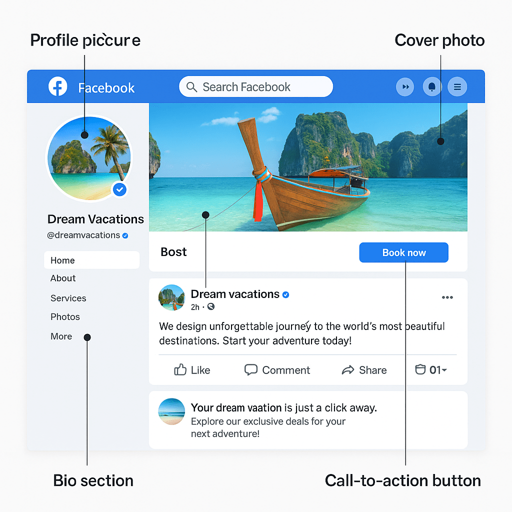 Optimized Facebook page layout for a travel agency with contact and CTA elements