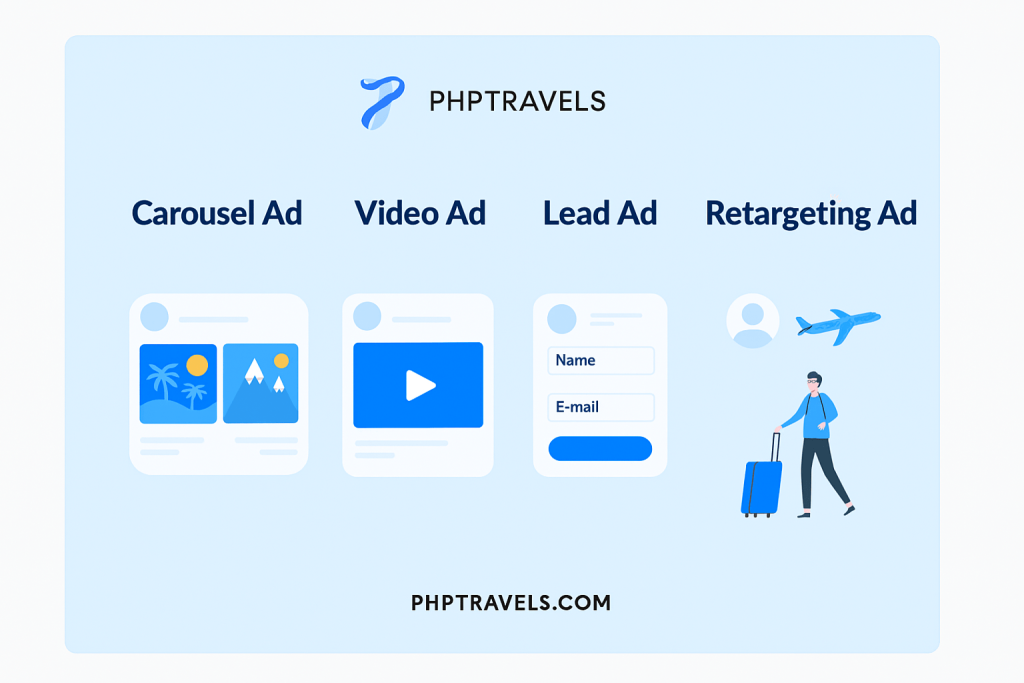 Facebook carousel, video, lead and retargeting ad examples for travel promotion