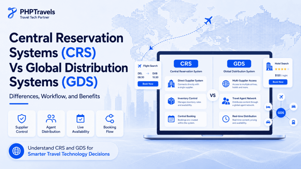 CRS vs GDS travel technology comparison showing booking workflow, supplier control, agent distribution, and live availability.