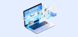 Travel meta search engine showing flight and hotel comparison dashboard on a laptop.