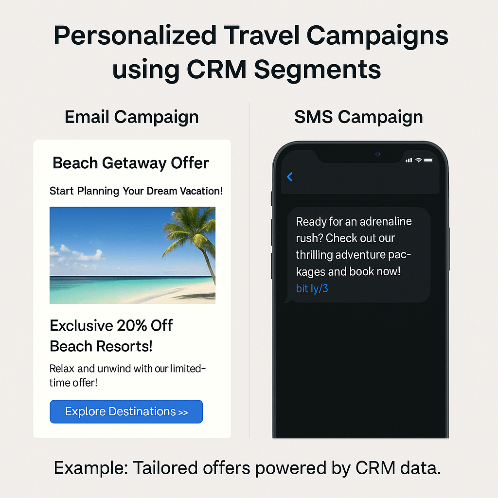 Personalized travel campaign examples using CRM segments for beach and adventure travel