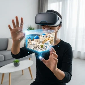 Traveler using VR headset for virtual destination preview in metaverse
