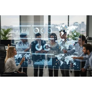 Travel agency team analyzing market data and trends on screen