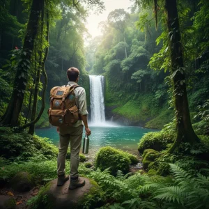 Ecotourist enjoying sustainable travel in a natural jungle environment
