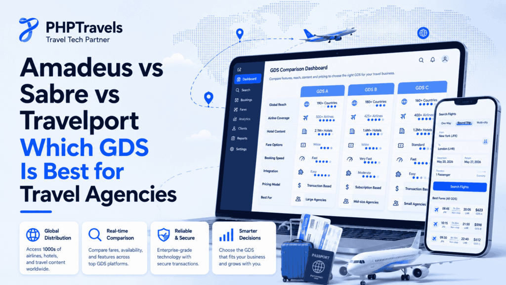 Amadeus vs Sabre vs Travelport comparison GDS travel agencies decision guide featured blog banner by PHPTRAVELS showing travel technology dashboard and flight booking interface