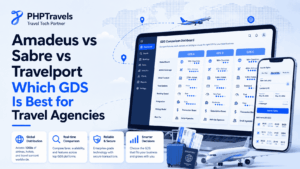 Amadeus vs Sabre vs Travelport comparison GDS travel agencies decision guide featured blog banner by PHPTRAVELS showing travel technology dashboard and flight booking interface