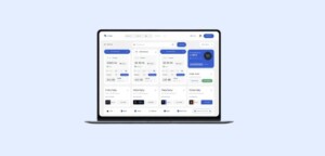 Flight booking website dashboard on laptop showing search results, pricing filters and airline booking system interface.