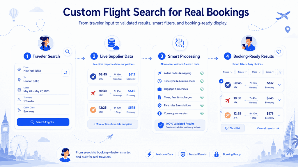 Custom flight search design connected to reliable flight APIs and supplier booking data