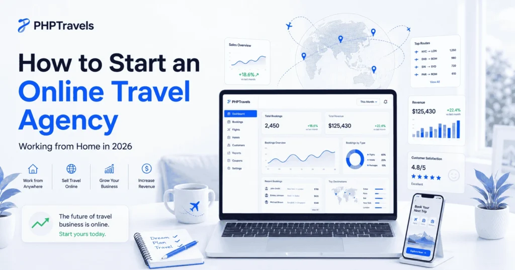 Modern work-from-home travel agency setup with laptop dashboard, flight route map, booking analytics, and travel planning elements.
