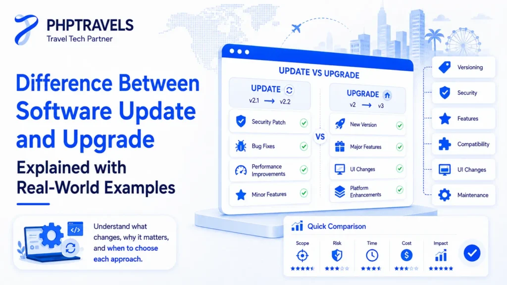 Difference between software update and upgrade with PHPTRAVELS comparison graphic