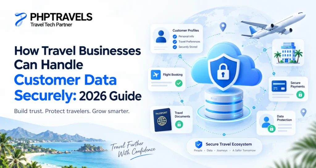 Secure customer data management for travel businesses showing protected traveler profiles, booking data, payments, travel documents and data security.