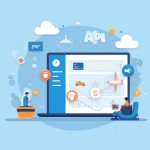 Futuristic digital illustration showing API integration in the travel industry, with a central API hub connecting to icons for flights, hotels, cars, and tours on a blue background.