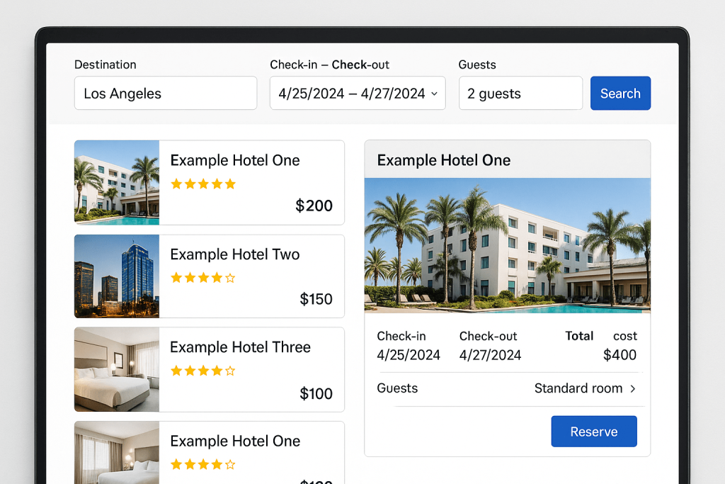 Screenshot of a hotel reservation system showing Los Angeles hotels with search filters, pricing, and booking details.