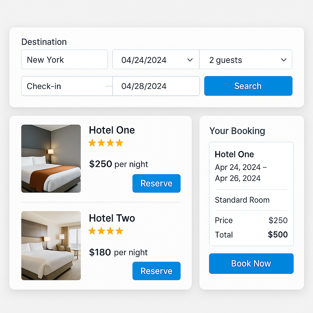 Real hotel reservation system example featuring search filters, hotel prices, and a booking summary panel.
