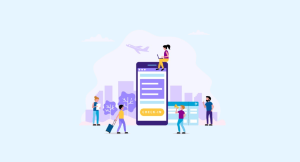 Reduce travel API integration time illustration with developers, API screen, and setup guide banner for PHPTRAVELS