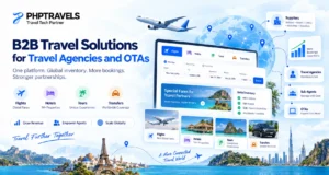 B2B travel solutions for travel agencies and OTAs showing flights, hotels, tours, transfers, global inventory, suppliers, agents and booking growth.