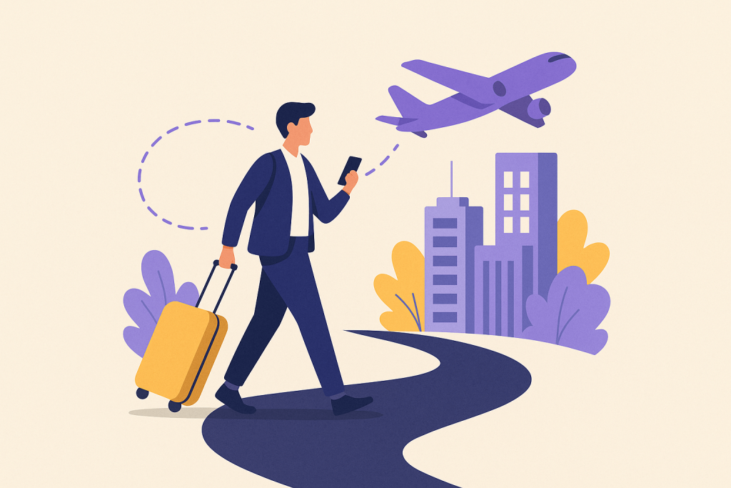 Modern traveler with luggage, smartphone, and airplane above city.