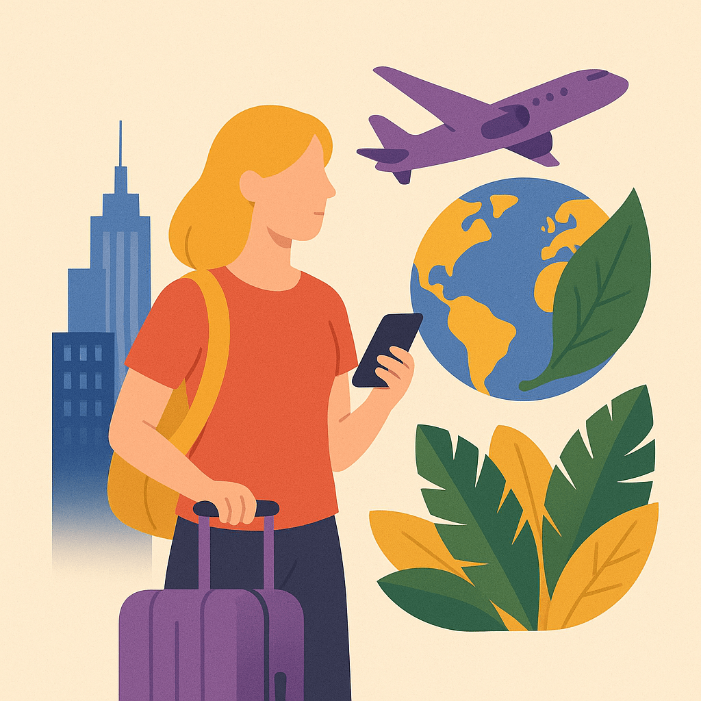 Traveler with suitcase, eco-friendly globe, airplane, and green leaves.