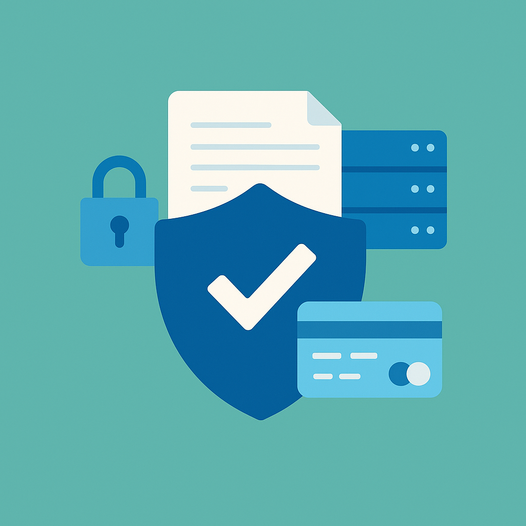  credit card, padlock, and secure server icons on a simple solid background, symbolizing online data protection
