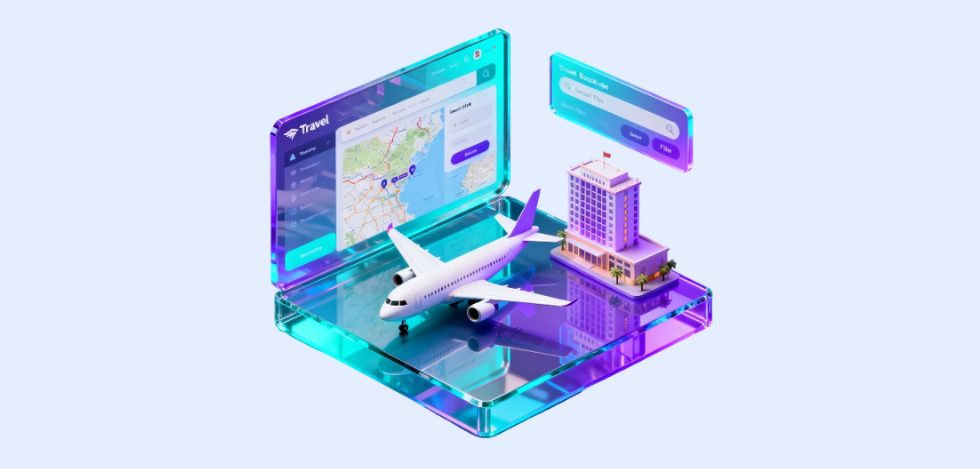 3D travel booking engine dashboard showing flight, hotel and tour booking system interface for agencies.