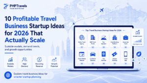 PHPTravels featured image showing 10 profitable travel business startup ideas for 2026 with travel technology dashboard, startup categories, and scalable growth icons.