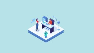 isometric illustration two business people comparing software solutions white label vs custom build decision making choice laptop dashboard pastel background