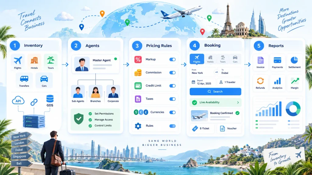 B2B travel workflow showing inventory connections, agent access, pricing rules, booking, payments, settlements, and reporting for travel agencies.