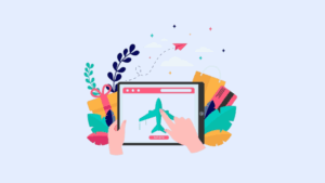 Flight booking API illustration showing an online flight search and booking interface with airline selection and digital ticketing