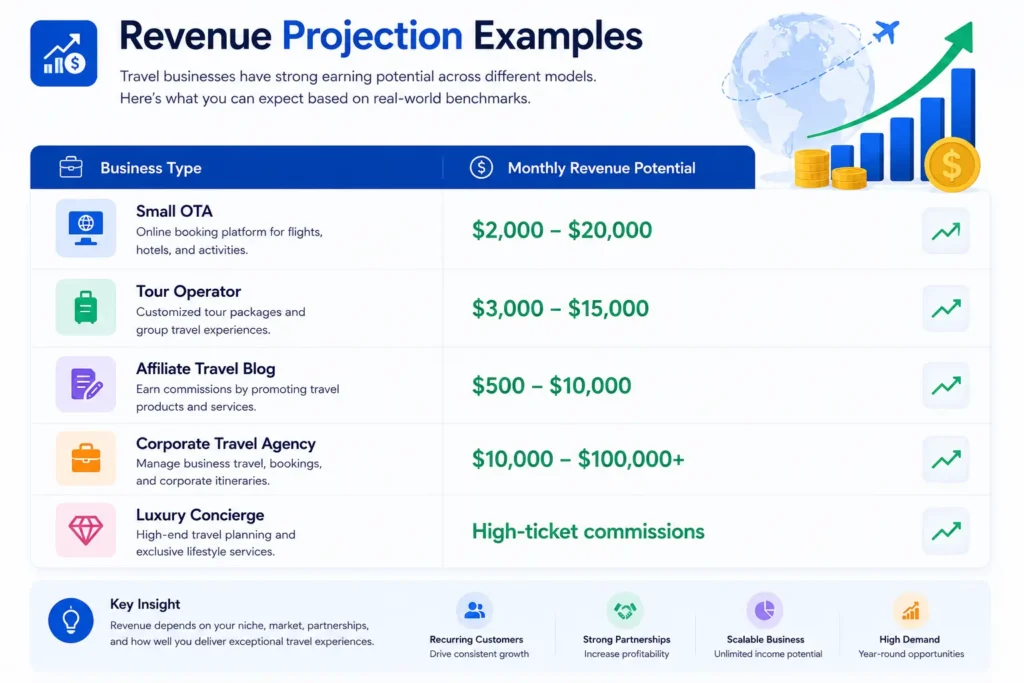 Modern revenue projection infographic for travel businesses showing estimated monthly revenue potential for small OTAs, tour operators, affiliate travel blogs, corporate travel agencies, and luxury concierge services with growth charts, financial visuals, and SaaS style business dashboard design.