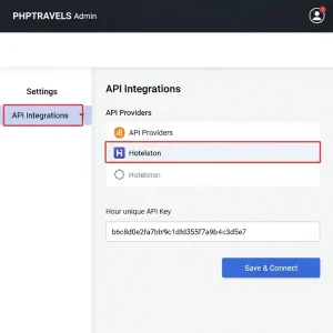 PHPTRAVELS admin dashboard showing the Hotelston API settings page with API key field