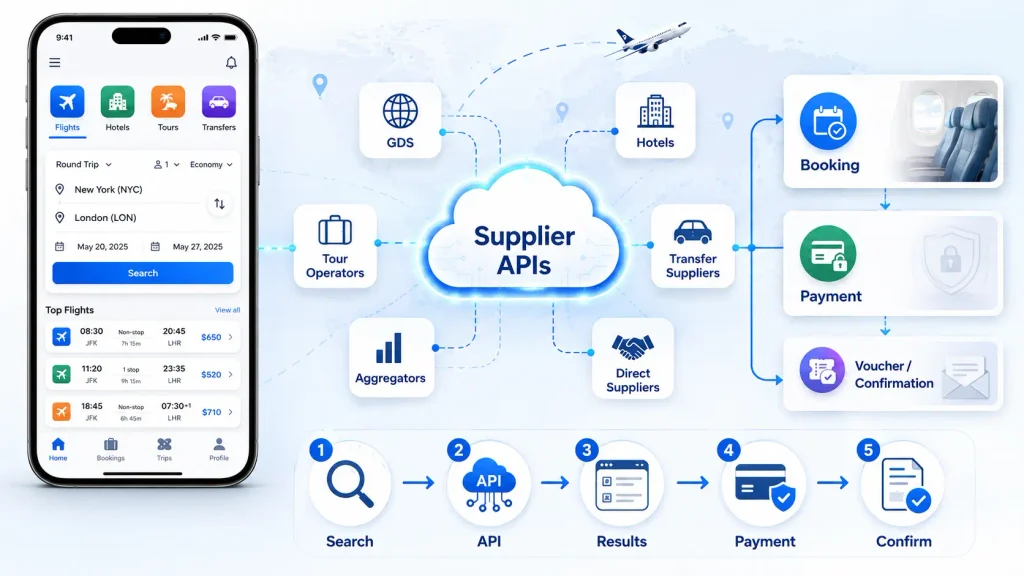 Travel mobile app supplier API workflow connecting GDS, hotels, tour operators, transfer suppliers, aggregators and direct suppliers with search, payment and booking confirmation.