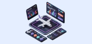 Airline management system dashboard with aircraft analytics, booking data, and performance charts