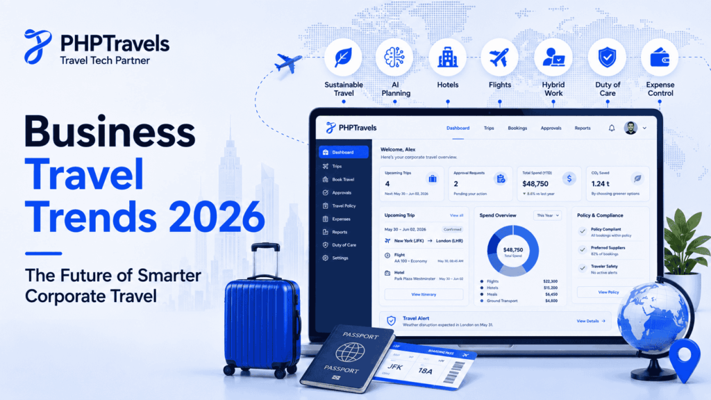 Business Travel Trends 2026 feature image showing PHPTravels corporate travel dashboard with AI planning, sustainable travel, hybrid work, expense control, flights, hotels, duty of care, passport, suitcase and global travel icons.