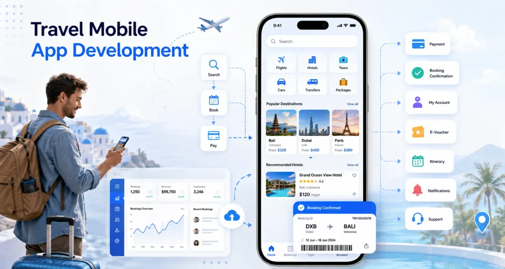 Travel mobile app development showing flight, hotel, tour, car and transfer booking with payments, confirmations, vouchers, itineraries, notifications and customer support.