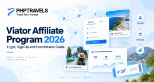Viator affiliate program 2026 showing sign up, login, bookings, affiliate dashboard and commission tracking for travel affiliates.