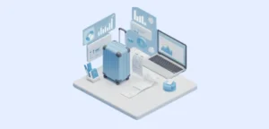 Travel expense management software dashboard with receipts, suitcase, laptop and financial analytics.