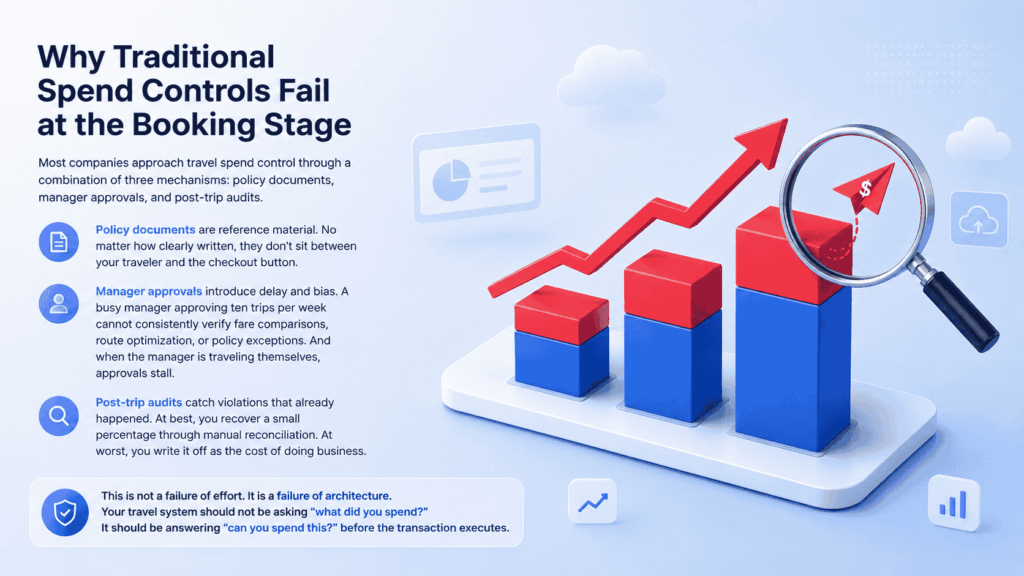 Travel spend leakage with blue and red stacked bar charts, a red upward trend arrow, and a magnifying glass highlighting a leaking dollar paper airplane concept on a soft gray-blue background.