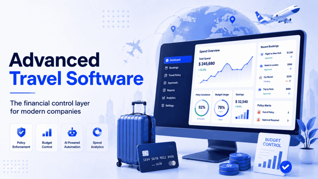 Advanced Travel Software marketing banner featuring a modern travel management dashboard, analytics charts, budget controls, booking data, suitcase, payment card, and financial reporting elements in a blue corporate design.