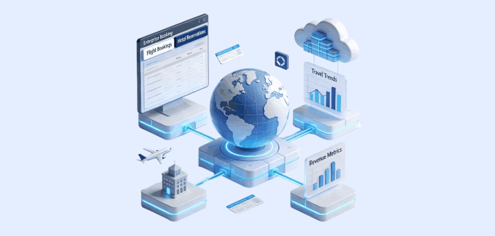 Cloud based travel software development platform showing booking systems analytics and global integrations
