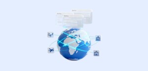 Travel software engineer working with APIs booking systems and travel platforms showing global flight and hotel connections.