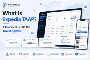 Modern travel technology featured banner showing Expedia TAAP guide with SaaS dashboard interface, booking analytics, commission tracking, and PHPTravels branding in a clean blue corporate design