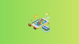 Free white label travel portal illustration showing online booking system with flights hotels tours and world travel icons