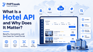 PHPTravels Hotel API guide showing hotel search, live rates, inventory, availability, and booking connectivity for travel portals.